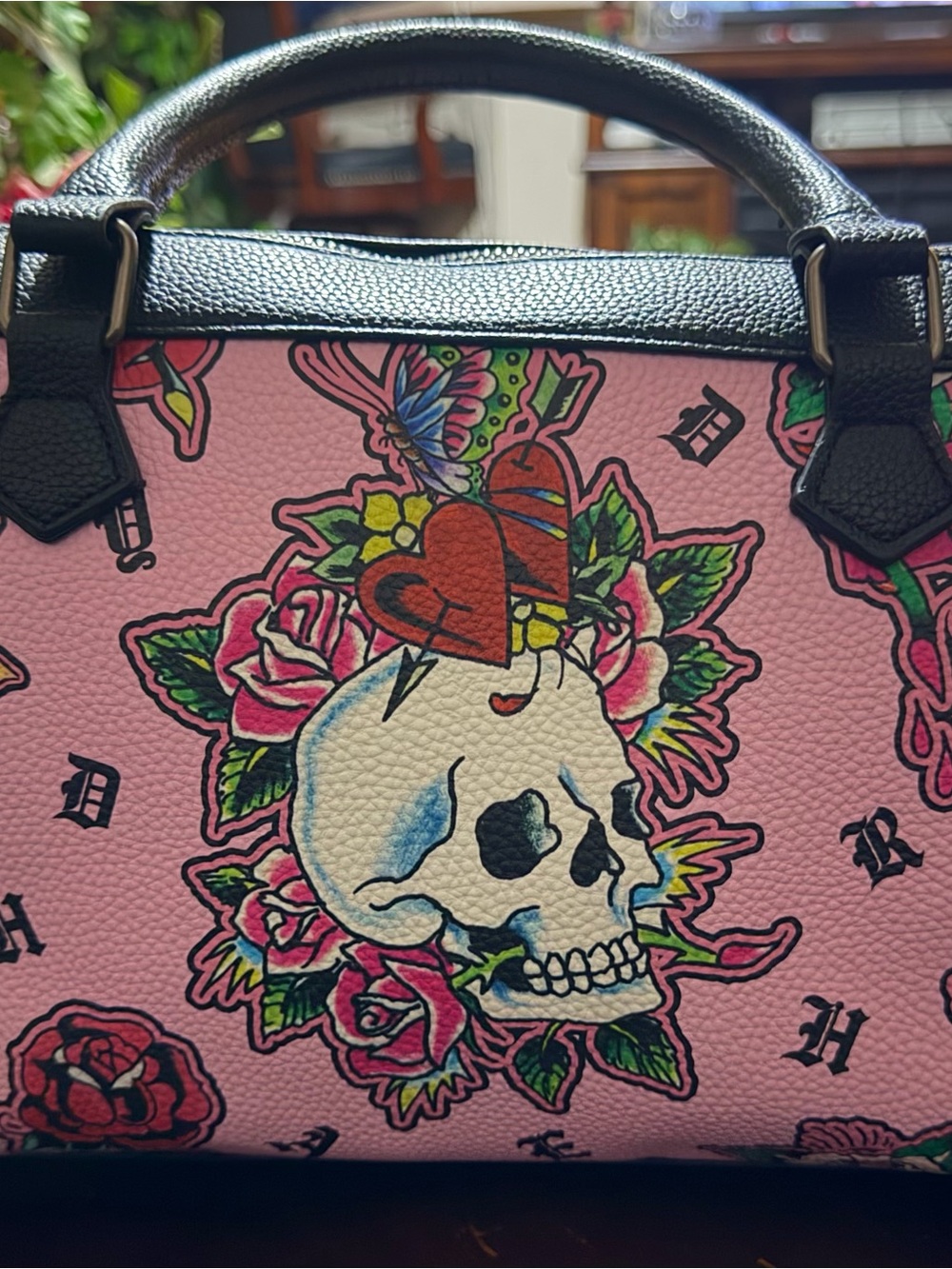 Ed Hardy Pink Skull & Rose Satchel with Black Handle